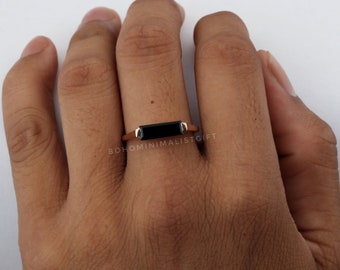 Black Onyx Ring, Rectangle Bar Gemstone Ring, 18k Rose Gold, 925 Sterling Silver, Engagement Ring, Handmade Ring, Wedding Ring, Gift For Her