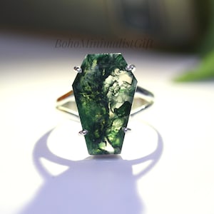 Coffin Shape Ring, Natural Moss Agate Ring, 925 Sterling Silver Ring, Handmade Ring, Casket Ring, Minimalist Ring, Bohemian Ring, Gift Her