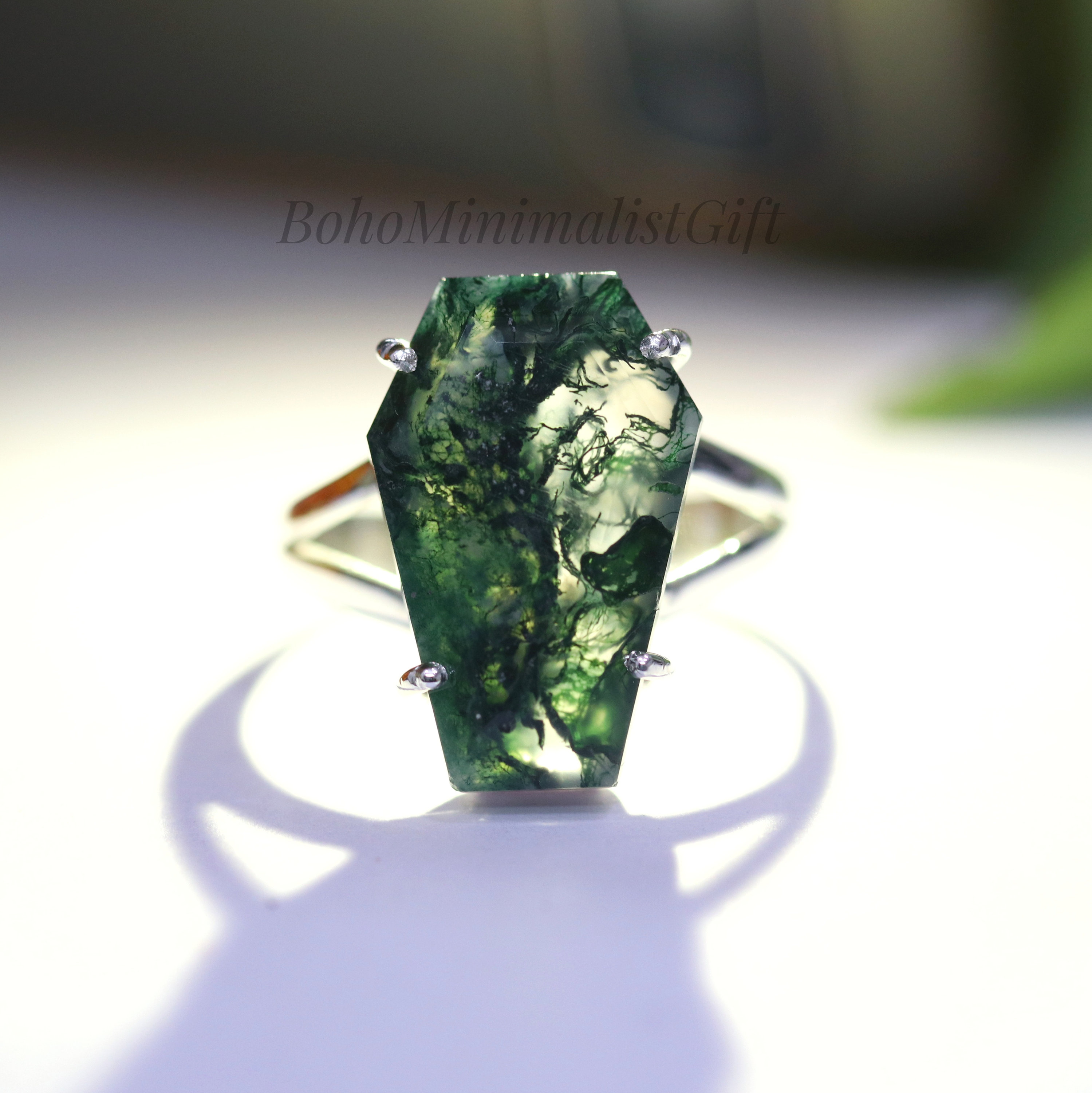 Coffin Shape Ring, Natural Moss Agate Ring, 925 Sterling Silver Ring, Handmade Ring, Casket Ring, Minimalist Ring, Bohemian Ring, Gift Her