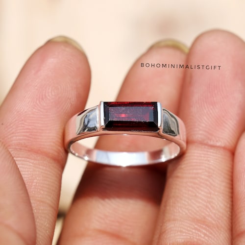 Baguette Garnet Ring: Bohemian Sterling Silver Promise Ring