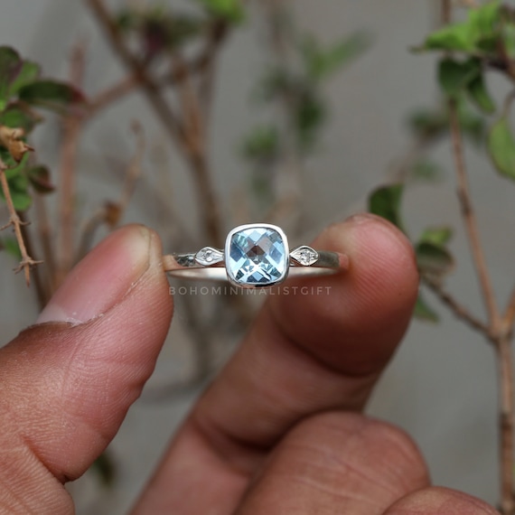 Natural Blue Topaz Ring, Cushion Ring, 925 Sterling Silver Ring, Faceted Stone Ring, Women Ring, Pretty Silver Ring Anniversary Gift For Her
