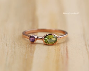 Peridot & Amethyst Ring, Engagement Band, 925 Sterling Silver Ring, Handmade Ring, Solitaire Band, Stacking Ring, Anniversary Gift For Her