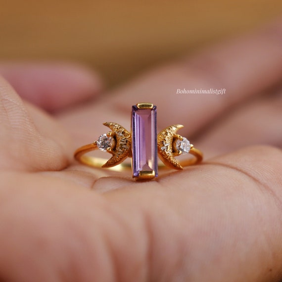 Amethyst Crescent Moon Ring: 18k Gold Vermeil, Sterling Silver
