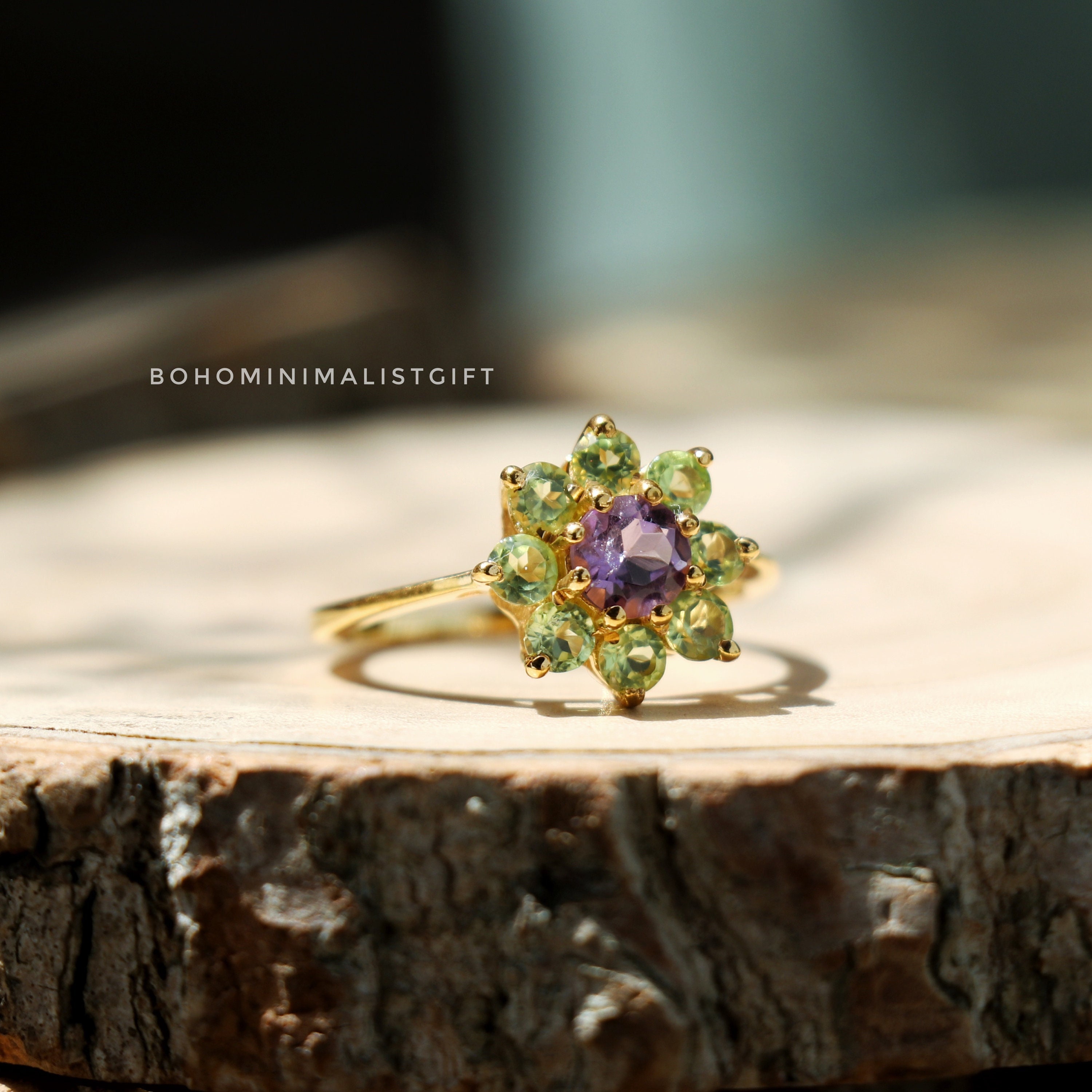 18K Gold Vermeil Ring With Amethyst, Peridot & Labradorite – Natural Multi-Gemstone Jewelry RBC307G
