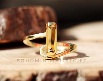 Handmade Citrine Ring, 18k Gold Vermeil Sterling Silver, Baguette Gemstone