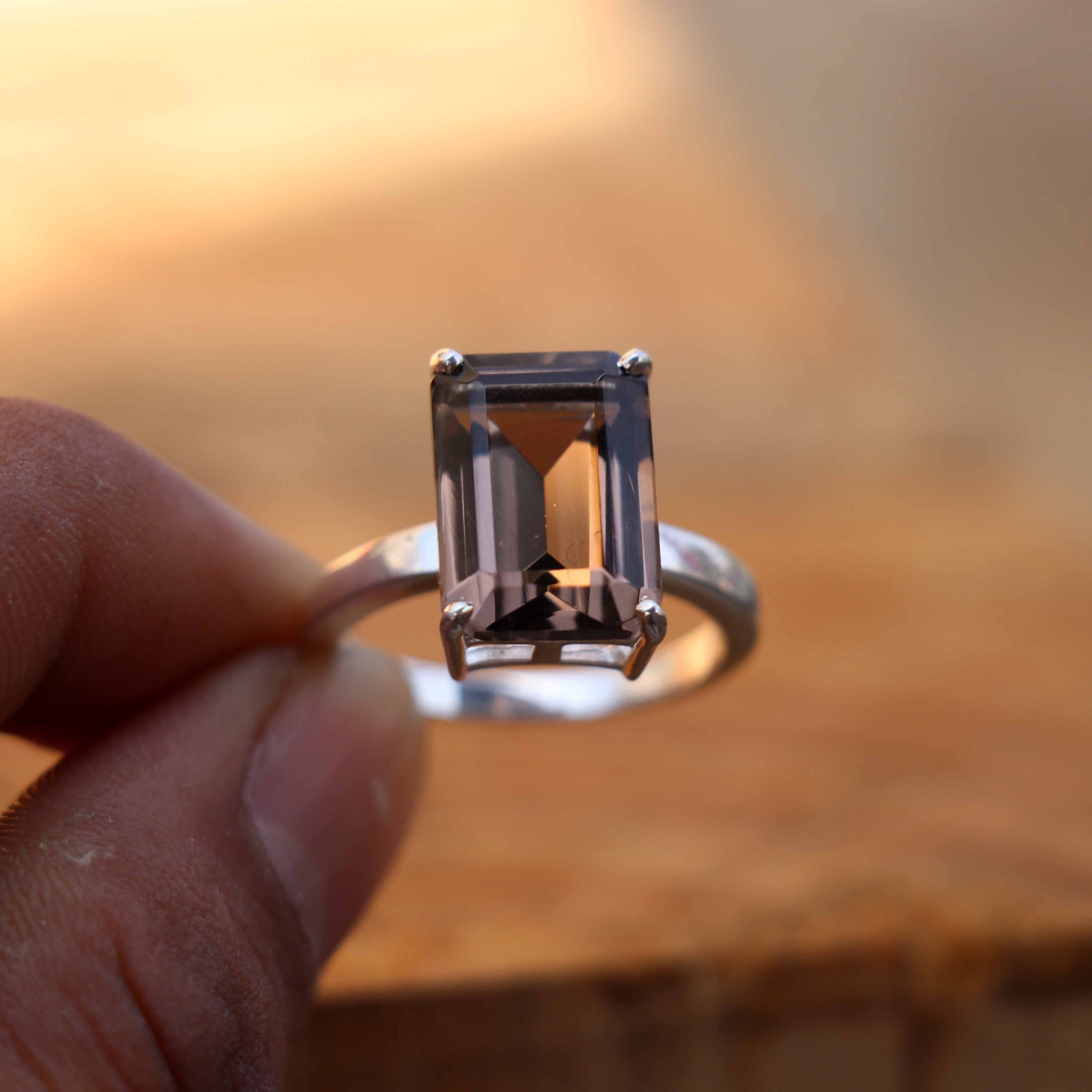 Emerald Cut Smokey Quartz Ring: Handmade 925 Sterling Silver