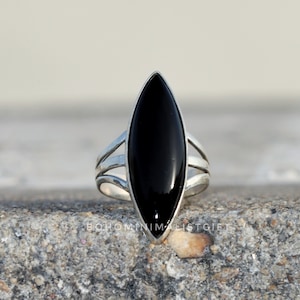 Black Onyx Ring, Boho Marquise Ring, 925 Sterling Silver Ring, Handmade Ring, Silver Gemstone Ring, Bohemian Ring, Anniversary Gift For Her