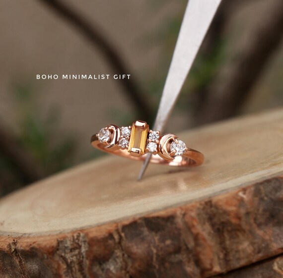 Citrine Crescent Moon Ring: 18k Rose Gold Vermeil, Sterling Silver