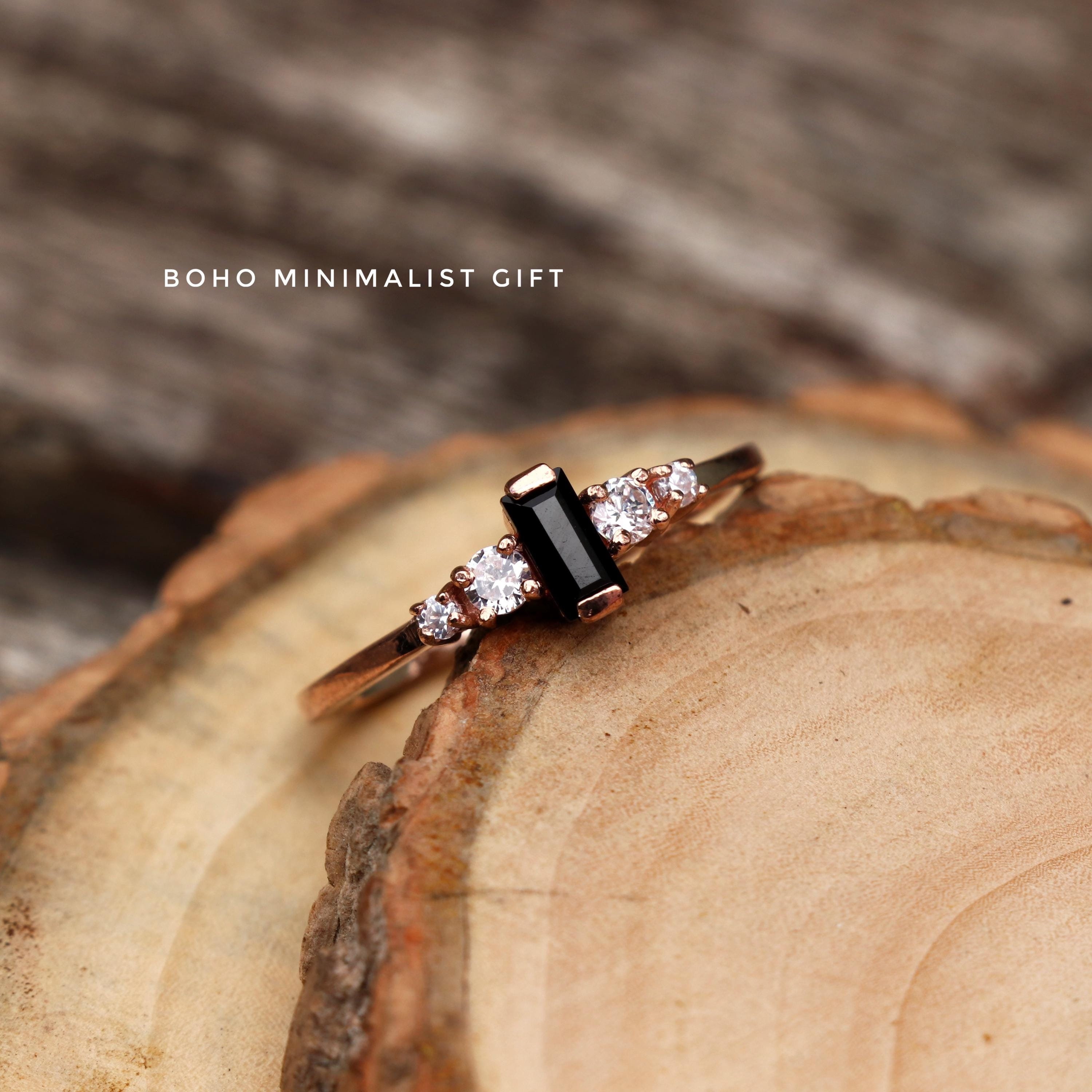Black Onyx Baguette Ring: Rose Gold Plated Sterling Silver Solitaire