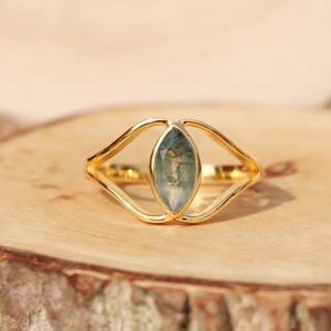 Handmade Marquise Green Moss Agate Ring: 18k Gold Vermeil