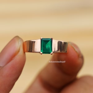 Emerald Ring, 18k Rose Gold Plated, 925 Sterling Silver Ring, Green Gemstone Ring, Silver Signet Ring, Wedding Ring, Birthday Gift Her/Him