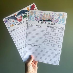 May include: Two laminated chore charts with white backgrounds. One chart features sea creatures and the text Theo's Jobs. The other features mermaids and a castle with the text Tilly's Jobs. Both include sections for Every day and Every week.