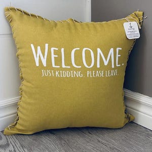 Outdoor Waterproof Throw Pillow &quot;Welcome. Just Kidding. Please Leave.&quot; Home Pillow, Personalize for outdoors, patio, porch, funny, friend