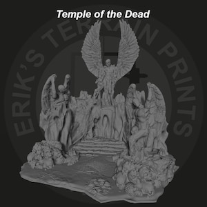 Può includere: Una miniatura di un tempio stampata in 3D con una figura alata in piedi su una piattaforma. Il tempio è circondato da teschi e ossa, e la figura tiene un bastone. Il testo "Temple of the Dead" è stampato sopra il tempio.