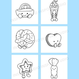 May include: Black and white line art illustrations of six different food items with smiling faces. The images include a basket, milkshake, pretzel, heart-shaped macaron, star-shaped cookie, and a carrot.