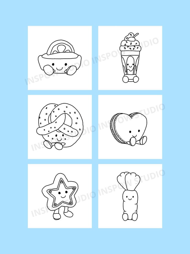 May include: Black and white line art illustrations of six different food items with smiling faces. The images include a basket, milkshake, pretzel, heart-shaped macaron, star-shaped cookie, and a carrot.
