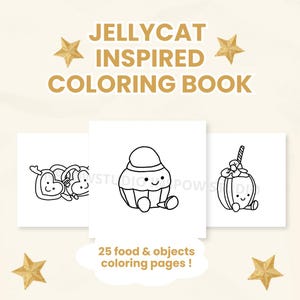 May include: A colouring book with the text "JELLYCAT INSPIRED COLORING BOOK" and "25 food & objects colouring pages!". The book features three white pages with black line drawings of cute food items and objects.