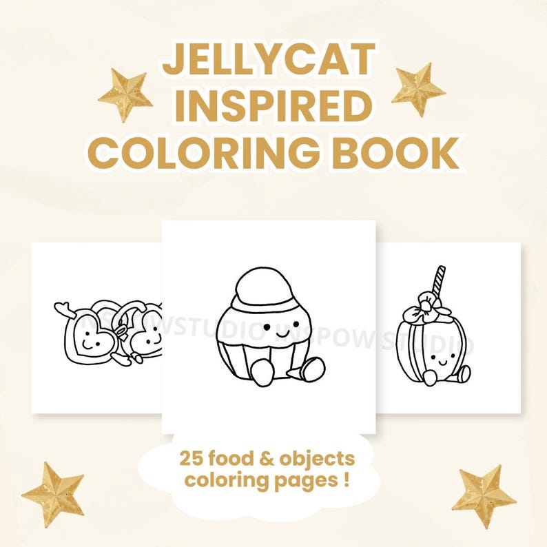 May include: A colouring book with the text "JELLYCAT INSPIRED COLORING BOOK" and "25 food & objects colouring pages!". The book features three white pages with black line drawings of cute food items and objects.