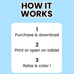 May include: A light blue background with the words "HOW IT WORKS" in bold black letters. Below, a white rectangle lists the steps: 1. Purchase & download, 2. Print or open on tablet, 3. Relax & color!