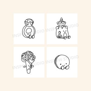 May include: A square image with four black and white illustrations. The illustrations depict a ring, a castle, a bouquet of roses, and a macaron, all with a cute, cartoonish design. The image is watermarked with the text "INSPO INSPROW STUDIO".