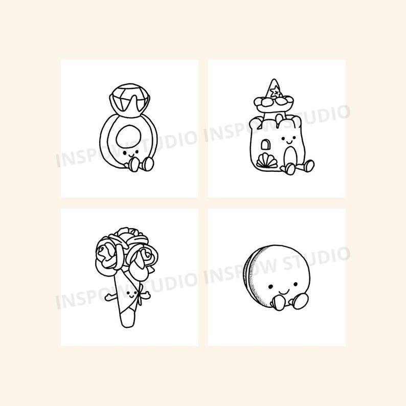 May include: A square image with four black and white illustrations. The illustrations depict a ring, a castle, a bouquet of roses, and a macaron, all with a cute, cartoonish design. The image is watermarked with the text "INSPO INSPROW STUDIO".