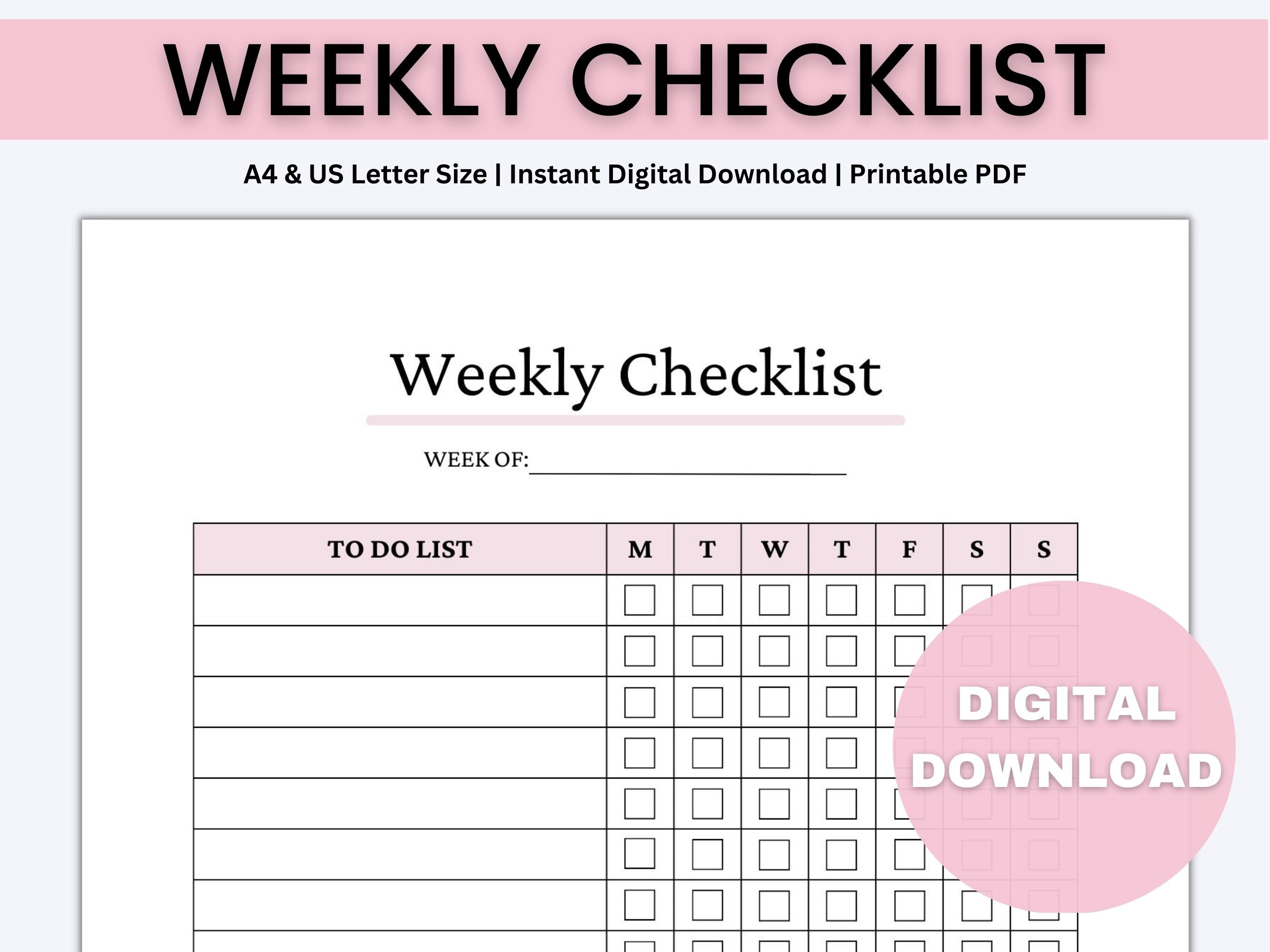 Weekly Checklist, Weekly Checklist Printable, Weekly Planner, to Do ...