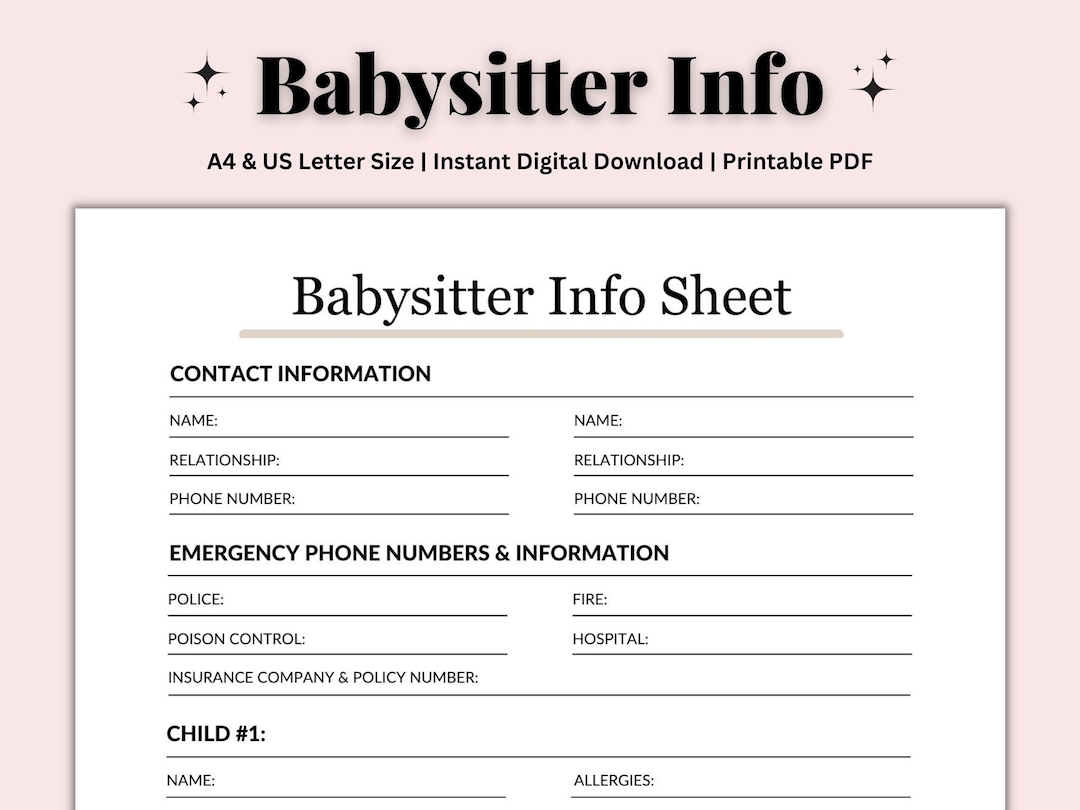 Babysitter Information Sheet, Child Info Sheet, Emergency Contact