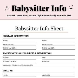 ベビーシッター情報シート、子供情報シート、緊急連絡先、ベビーシッターリスト、世話人印刷可能、チャイルドケア、PDF、US レター/A4