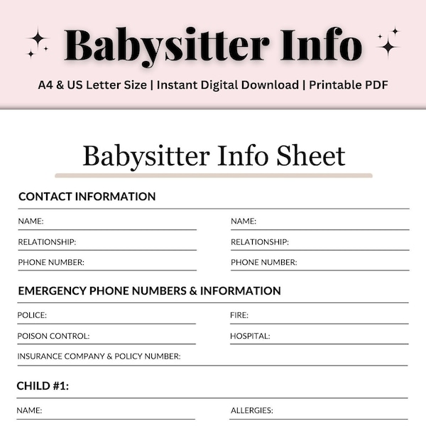 Babysitter Information Sheet, Child Info Sheet, Emergency Contact, Babysitter List, Caretaker Printable, Child Care, PDF, US Letter/A4