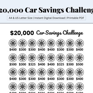 Desafio de economia de carro, Desafio de economia de 20 mil, Rastreador de economia de carro, Fundo de carro, Carro novo em dinheiro, Economizando para um carro, PDF para impressão, Carta dos EUA/A4