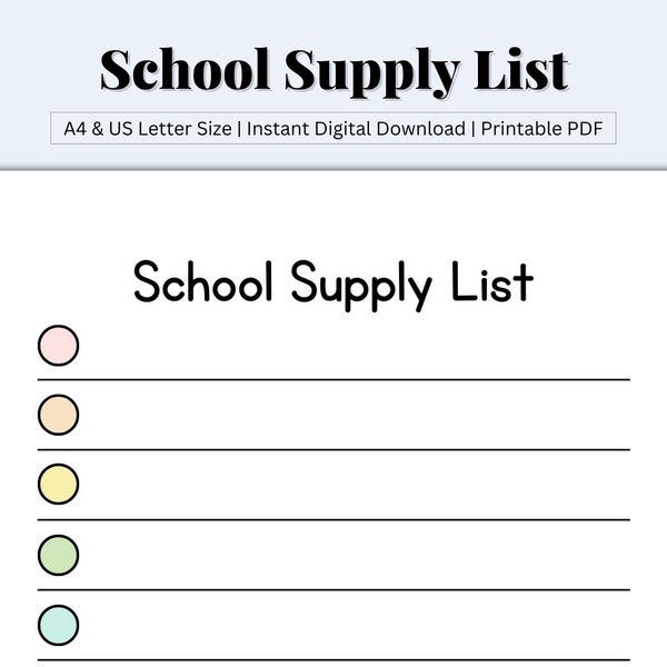 School Supply List Printable, School Supplies Template, Inventory Log, Classroom Supply List, Back to School Shopping, PDF, US Letter/A4