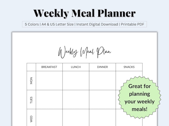 Meal Planner Horizontal, Weekly Meal Tracker, Food Log