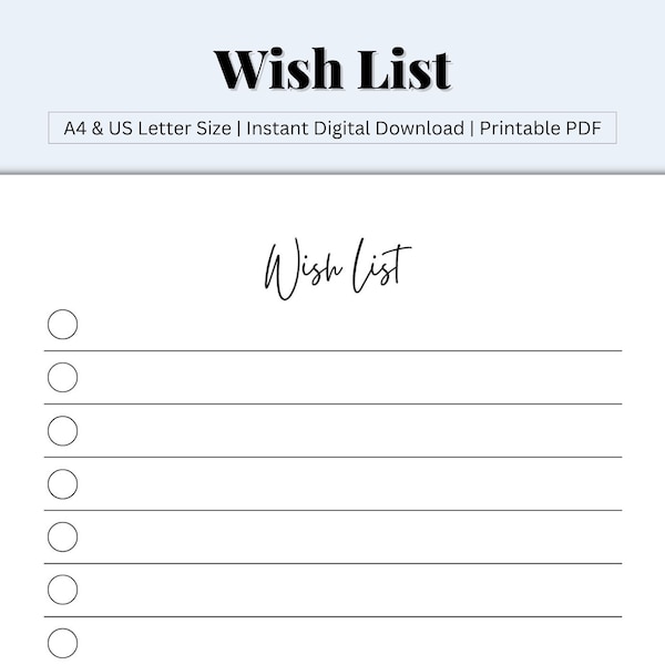 Wish List Template Printable, Birthday Wish List, Shopping List, Things to Buy List, Wish List Planner, My Wish List, PDF, US Letter/A4