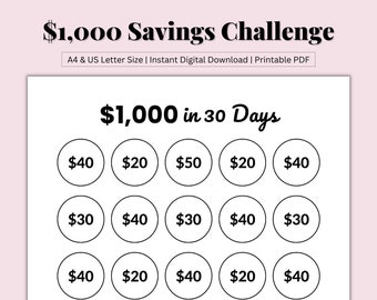 1000 Savings Challenge Printable, 1000 Dollars in 30 Days, Money Savings Challenge, Saving Money, Budget by Paycheck, PDF, US Letter/A4