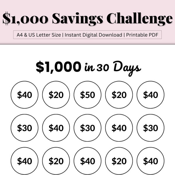 1000 Savings Challenge Printable, 1000 Dollars in 30 Days, Money Savings Challenge, Saving Money, Budget by Paycheck, PDF, US Letter/A4