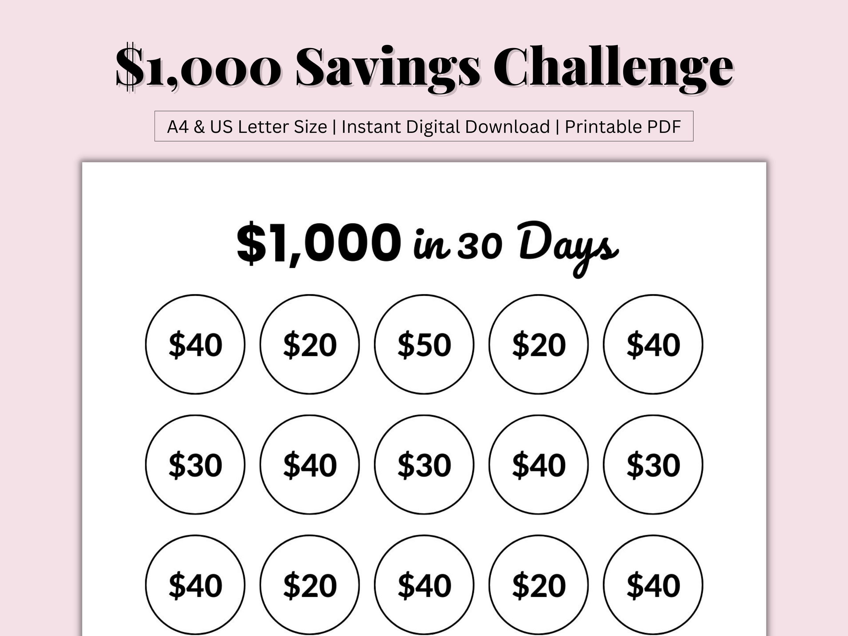 1000 Savings Challenge Printable, 1000 Dollars in 30 Days, Money ...