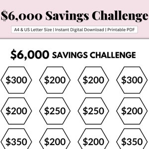 6000 Savings Challenge, 6000 Savings Tracker imprimible, Seguimiento de pago de deudas, Seguimiento de presupuesto mensual, 6k de ahorros, PDF imprimible, Carta de EE. UU./A4