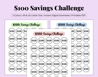 100 Dollar Savings Challenge, Money Saving Challenge, 100 Savings Printable, Savings Tracker, 100 Dollars Saved, Printable PDF, US Letter/A4