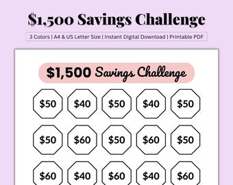 1500 Savings Challenge, 1500 Savings Tracker, Monthly Savings, 1500 Dollar, 30 Day Challenge, Money Challenge, Printable PDF, US Letter/A4