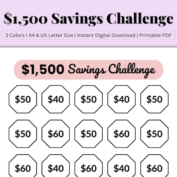 1500 Savings Challenge, 1500 Savings Tracker, Monthly Savings, 1500 Dollar, 30 Day Challenge, Money Challenge, Printable PDF, US Letter/A4