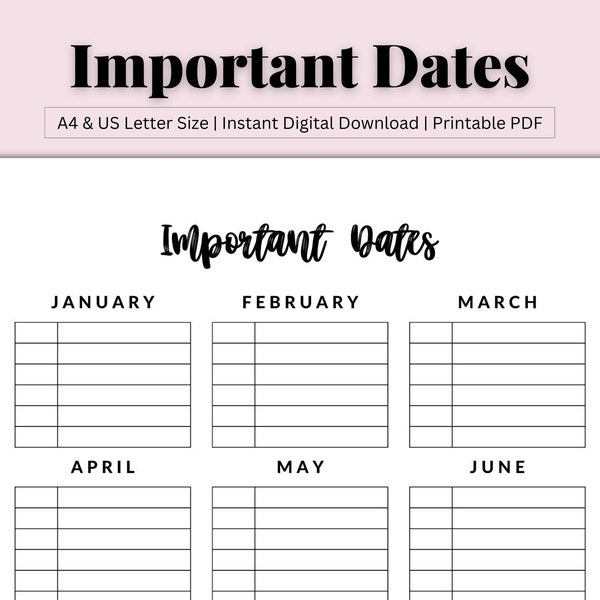 Important Dates Printable, Important Dates Tracker, Monthly Planner, Monthly Calendar, Birthdays, Anniversaries, Printable PDF, US Letter/A4