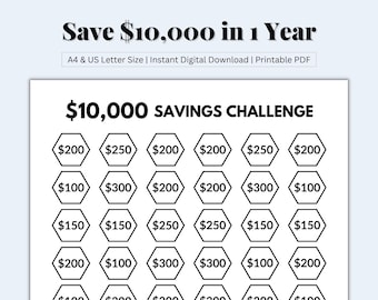 10000 Savings Challenge Printable, 10k Savings, 10000 Savings Tracker, Finance Challenge, 10k Savings Challenge, Saving Money, Printable PDF