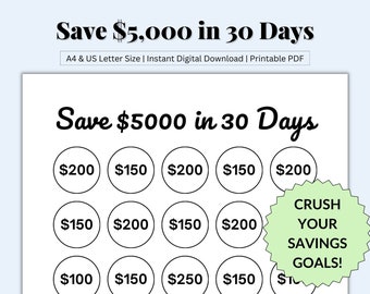 Save 5000 in 30 Days, 5000 Savings Challenge, 5K 30 Day Challenge, Budget Challenge, 5k Savings, Money Saving, Printable PDF, US Letter/A4