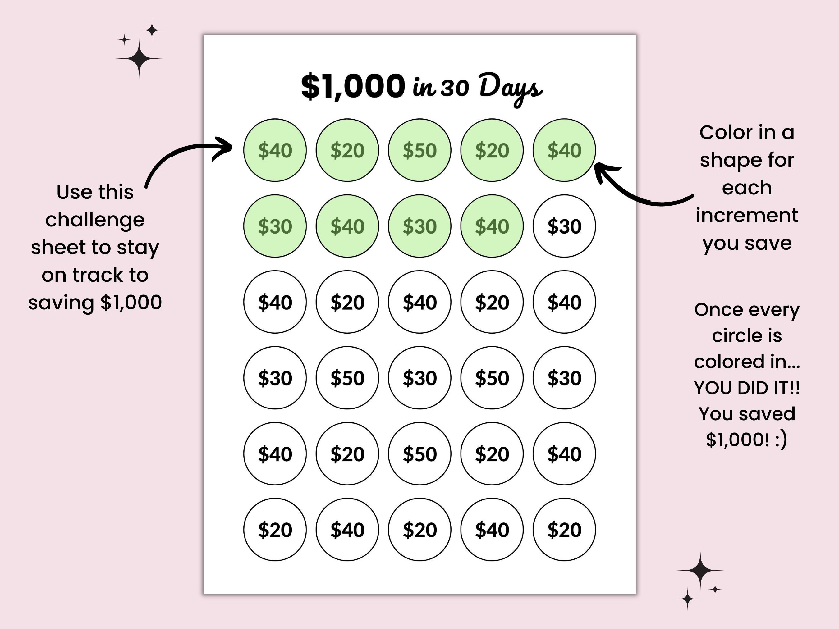 1000 Savings Challenge Printable, 1000 Dollars in 30 Days, Money ...