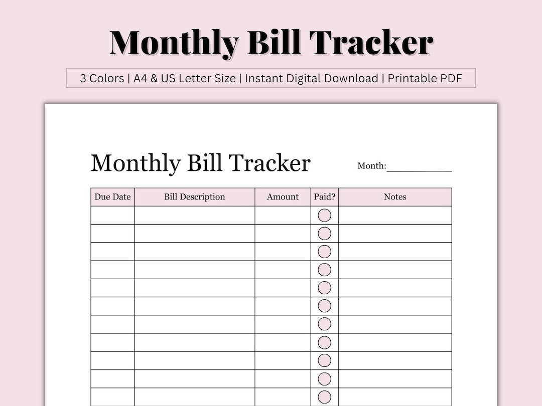 Bill Tracker Printable, Bill Organizer, Bill Template, Monthly Budget ...