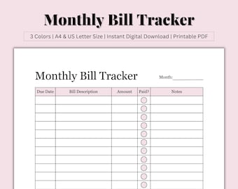 Bill Tracker Printable, Bill Organizer, Bill Template, Monthly Budget Planner, Bill Planner, Bill Pay Checklist, Printable PDF, US Letter/A4