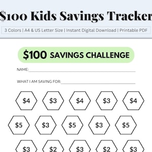 100 Dollar Savings Challenge, Kids Savings Tracker, Easy