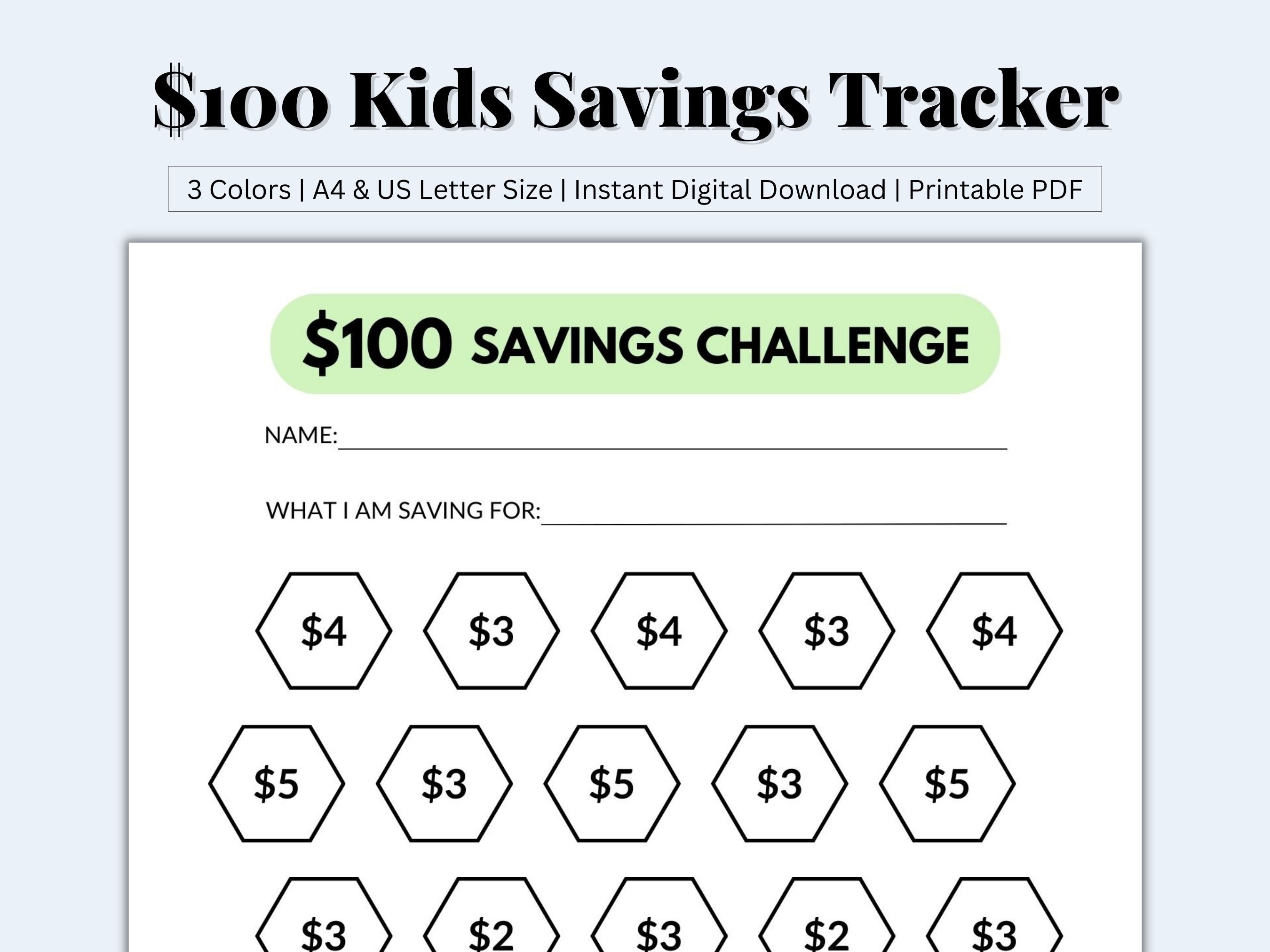 100 Dollar Savings Challenge, Kids Savings Tracker, Easy 100 Dollar Savings Challenge, Kids Savings Tracker, Easy