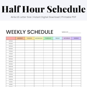 Weekly Schedule, Half Hour Weekly Planner, Hour by Hour Planner, Block Time Schedule, Productivity Planner, Printable PDF, US Letter, A4