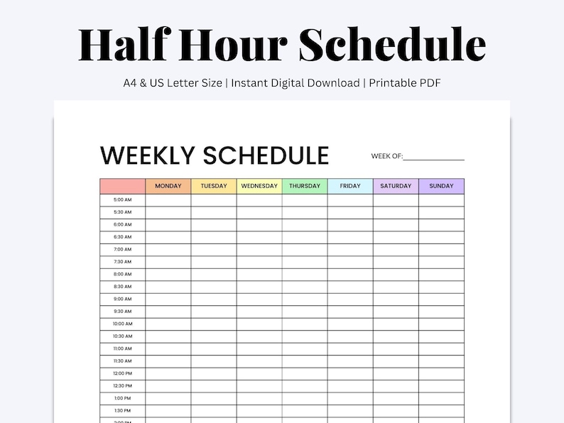 Weekly Schedule, Half Hour Weekly Planner, Hour by Hour Planner, Block ...